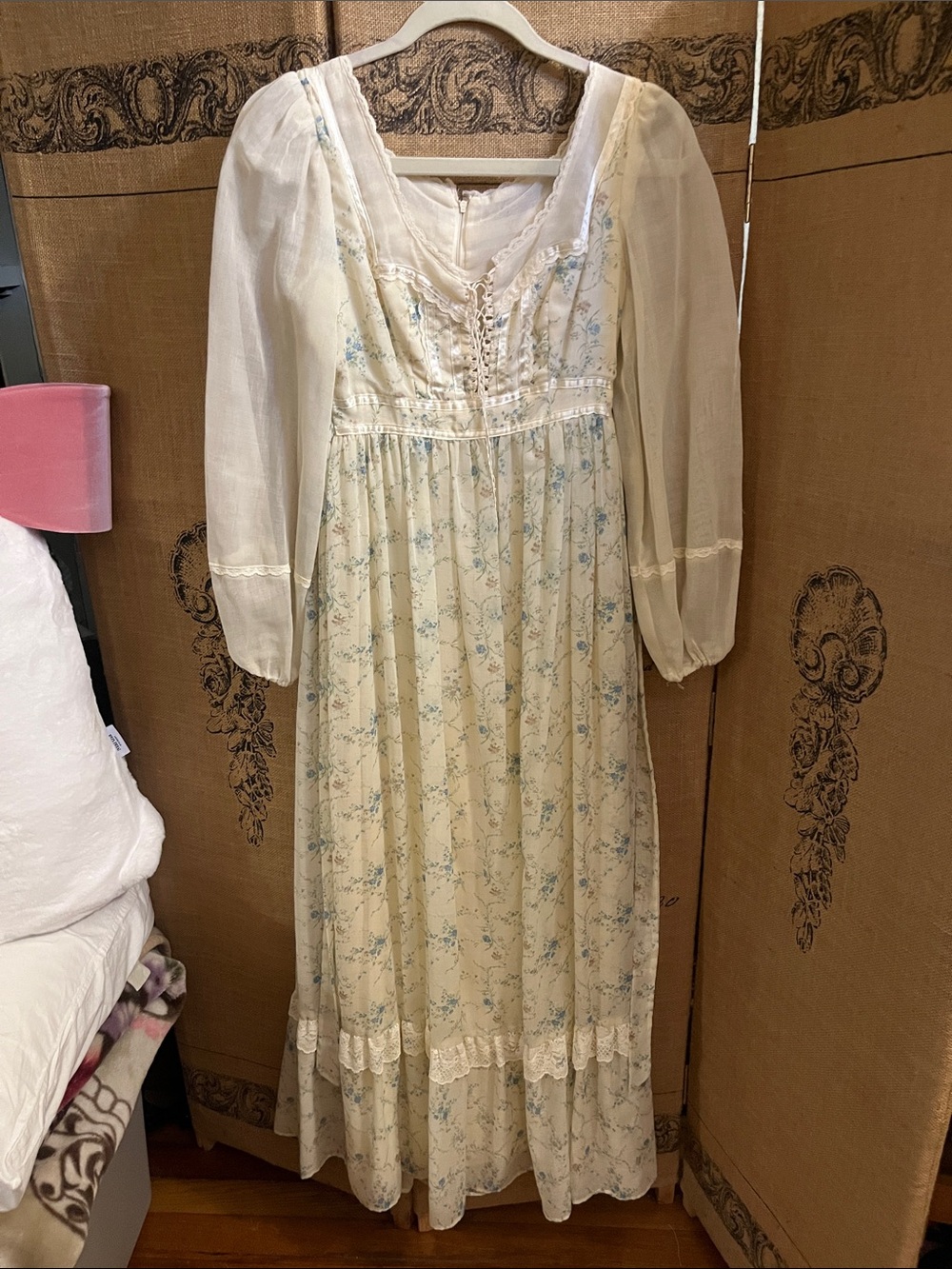 Gunne Sax WannaBe- Romantic Cream Floral Maxi Dress with Puff Sleeves